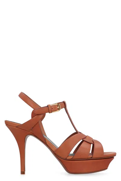 Saint Laurent Tribute Heeled Leather Sandals In Brown