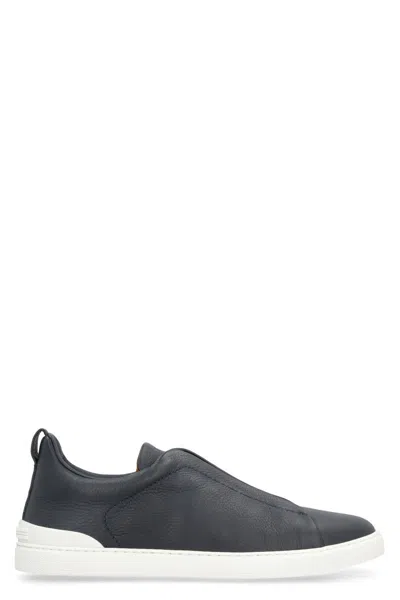Zegna Leather Triple Stitch Sneakers In Blue