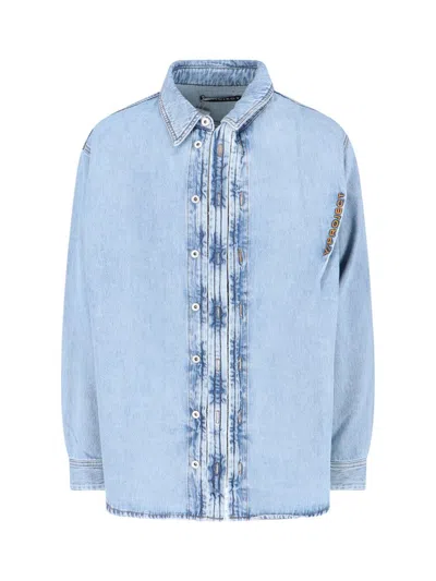 Y/project Embroidered-logo Denim Shirt In Ice Blue