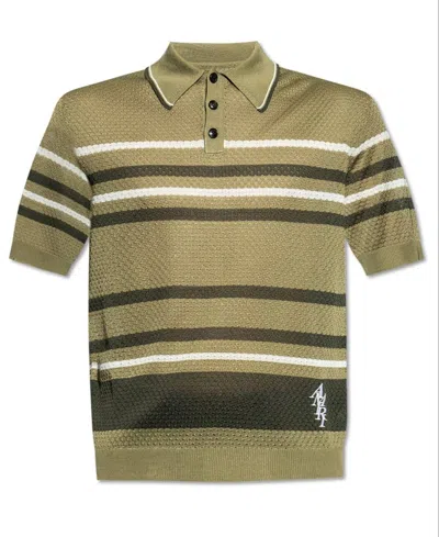 Amiri Striped Pointelle-knit Polo Shirt In Green