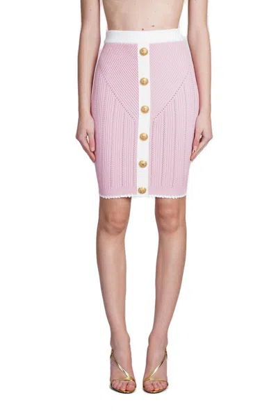 Balmain Buttoned Pointelle Knit Skirt In Pinkwhite