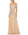 Mac Duggal High Neck Short Sleeve Sequin Embellished Gown In Nude Silver