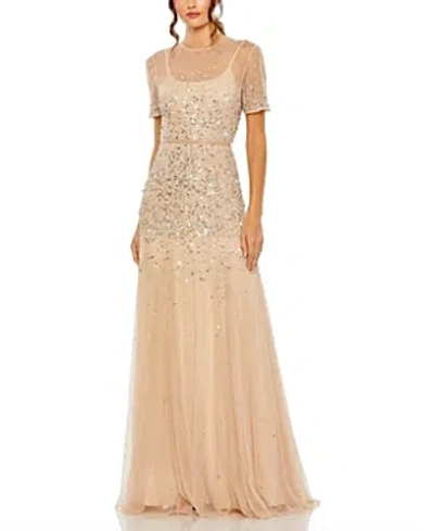 Mac Duggal High Neck Short Sleeve Sequin Embellished Gown In Beige Silver