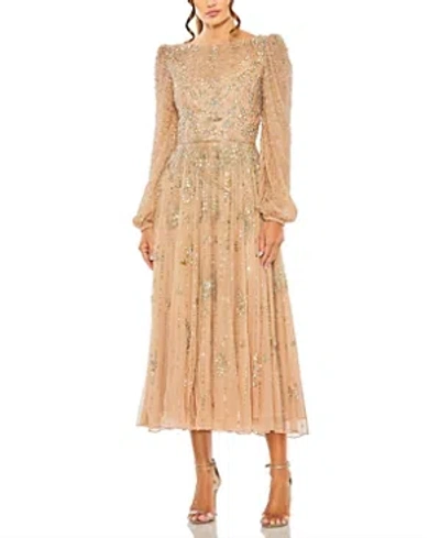 Mac Duggal Floral Embellished High Neck Puff Long Sleeve A Line Midi Dress In Taupe