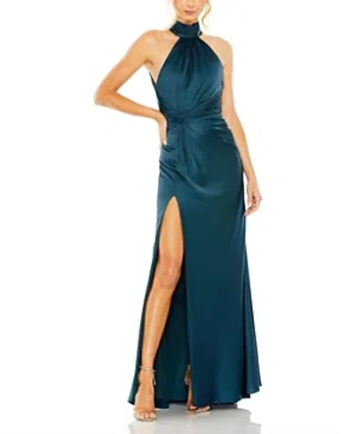 Mac Duggal Open Back High Neck Side Ruched Gown In Ocean