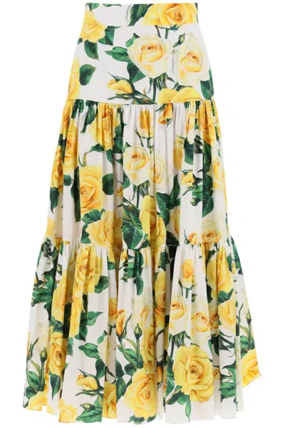 Dolce & Gabbana "long Skirt With Ruffle Details And Yellow Rose In White