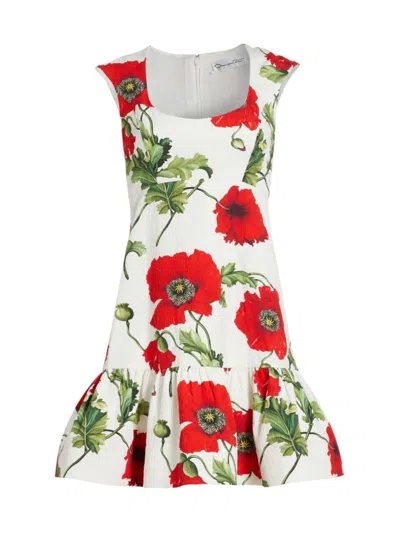 Oscar De La Renta Floral Cotton Cloque Mini Dress In White/red