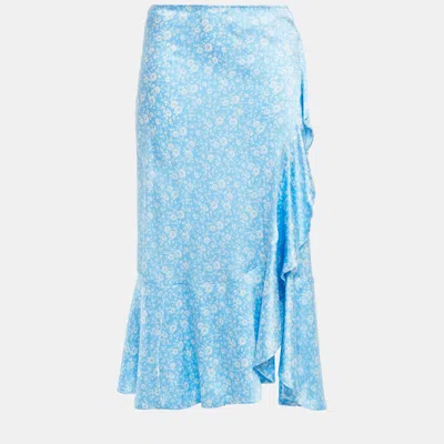 Pre-owned Ganni Blue Print Silk Knee Length Skirt Size 34