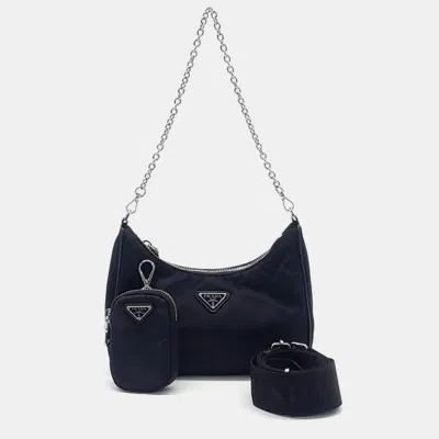 Pre-owned Prada Nylon Tessuto Chain Strap Hobo Bag In Black