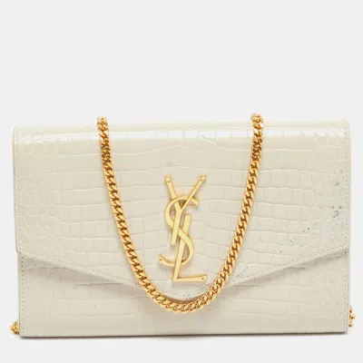 Pre-owned Saint Laurent Cream Croc Embossed Leather Uptown Wallet On Chain