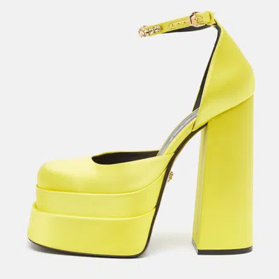 Pre-owned Versace Yellow Satin Medusa Ankle Strap Pumps Size 40