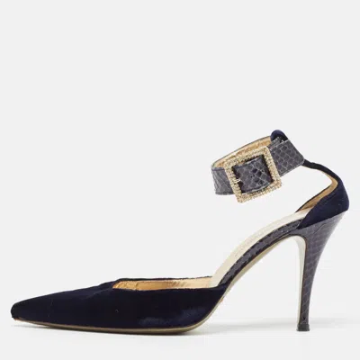 Pre-owned Dolce & Gabbana Navy Blue Velvet And Python Ankle Strap Sandals Size 36