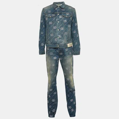 Pre-owned Gucci Blue Interlocking G Crystal-embellished Denim Jacket And Jeans Set S/m