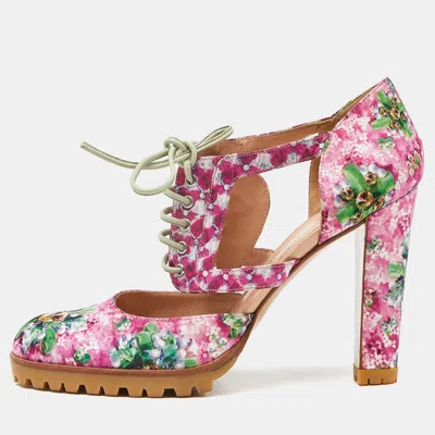 Pre-owned Gianvito Rossi Multicolor Floral Print Satin Cut Out Ankle Pumps Size 39