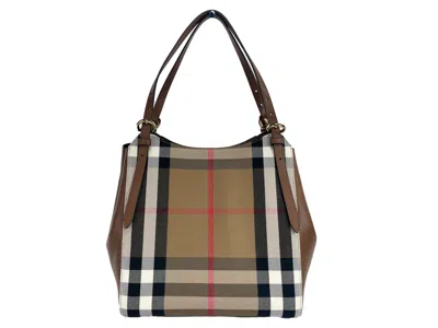 Burberry Small Canterby Tan Leather Check Canvas Tote Bag Purse In Gold