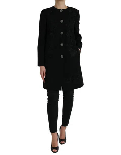 Dolce & Gabbana Elegant Floral Buttoned Wool Trench Coat In Black
