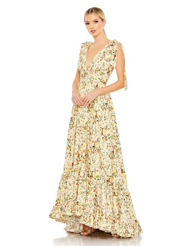 Mac Duggal Floral Print Soft Tie Sleeveless Tiered Gown In Yellow Multi
