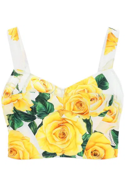 Dolce & Gabbana Cotton Bustier Top With Yellow Rose Print In Verde