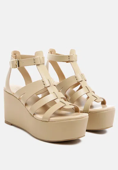 Rag & Co Windrush Cage Wedge Leather Sandal In Nude In Beige