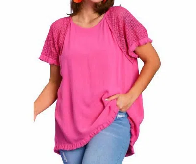 Umgee Hot Linen Plus Top With Crochet Sleeves In Pink