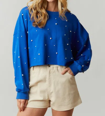 Peach Love Cozy Pearl Studded Crop Sweatshirt In Royal Blue