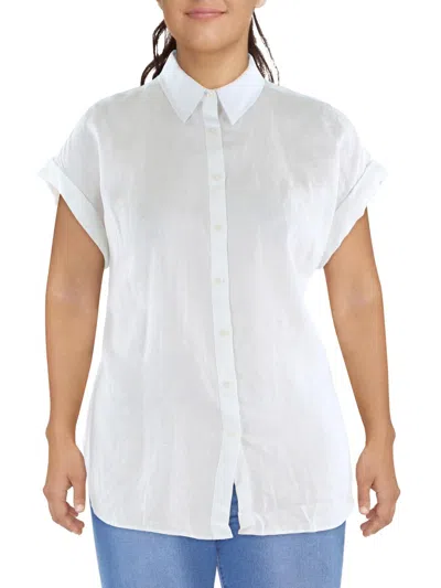 Lauren Ralph Lauren Plus Womens Linen Knit Button-down Top In White