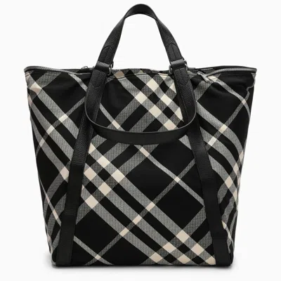 Burberry Black/calico Cotton-blend Tote Bag With Check Pattern Men