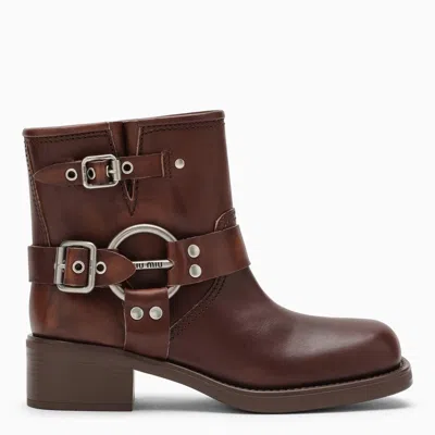 Miu Miu Brown Vintage-effect Leather Ankle Boot Women