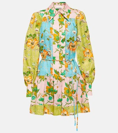 Alemais Printed Colorblocked Linen Shirt Dress In Green