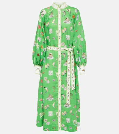 Alemais Printed Linen Midi Dress In Green