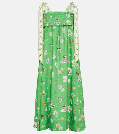 Alemais Shirred Printed Linen Midi Dress In Green