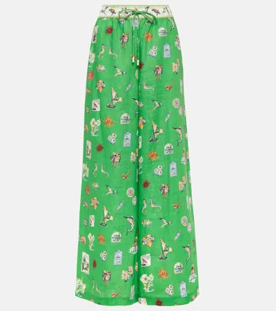 Alemais Printed Linen Wide-leg Pants In Green