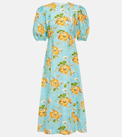 Alemais Floral Puff-sleeve Linen Midi Dress In Blue