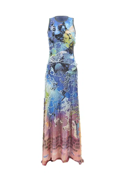 Diesel D-leele Poster Print Sleeveless Destroyed Jersey Gown In Blue Multi