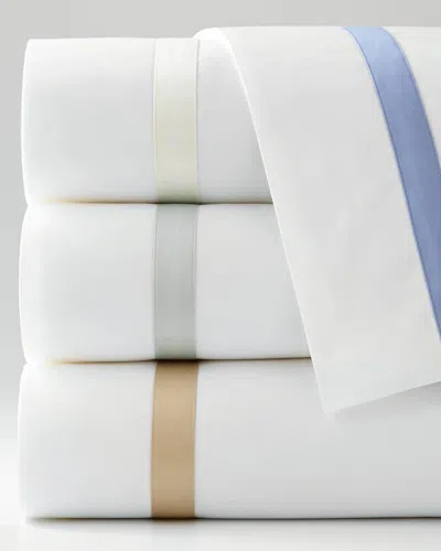 Matouk King 600 Thread Count Lowell Flat Sheet In White/azure (blue