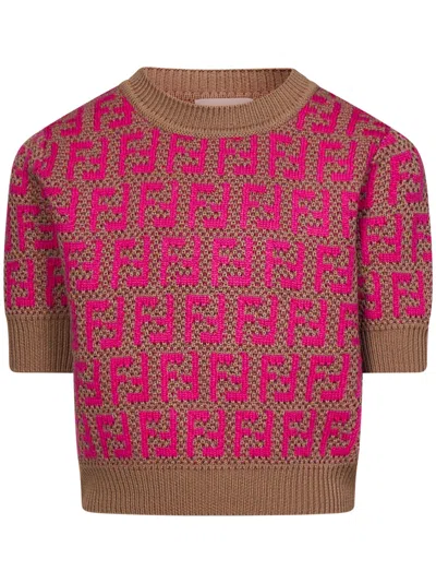 Fendi Kids' Brown Sweater For Girl With Double Ff In Fuchsia