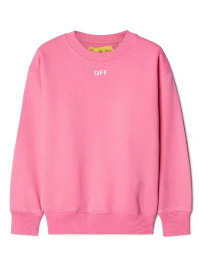 Off-white Kids' Off Stamp Cotton Sweatshirt In Fuchsia Whtie