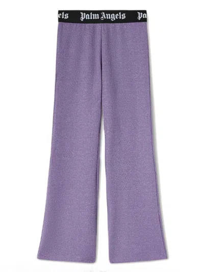 Palm Angels Kids' High-rise Ribbed-knit Flared Trousers In Lilac Black