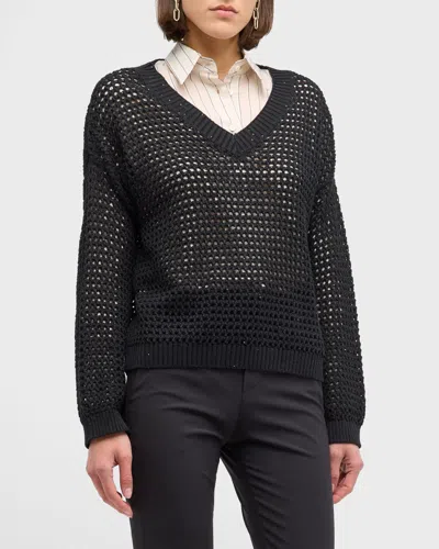 Brunello Cucinelli Open-knit Cotton Diamante Sweater In C101 Black