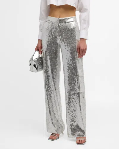 Alice And Olivia Hayes Sequined Wide-leg Cargo Pants In Silver