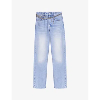 Maje Womens Bleus Jewelled-belt Straight-leg Low-rise Denim Jeans