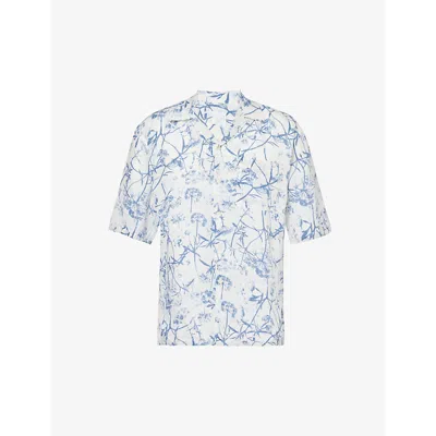 120% Lino Short-sleeve Patch-pocket Regular-fit Linen Shirt In Washed-blue Print