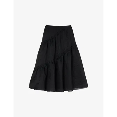 Sandro Women's Noir / Gris Christina Tiered-panel Linen-blend Maxi Skirt