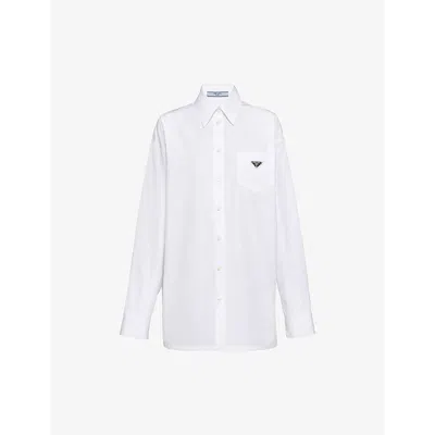 Prada Womens White Logo-plaque Long-sleeve Cotton Shirt