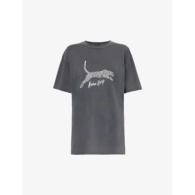 Anine Bing Womens Washed Black Leopard Brand-print Organic-cotton Jersey T-shirt