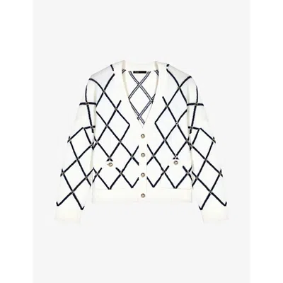 Maje Womens Blanc Diamond-pattern V-neck Knitted Cardigan
