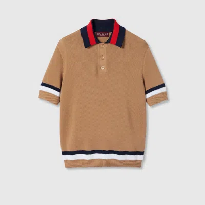 Gucci Piquet Knit Cotton Polo Shirt In Brown