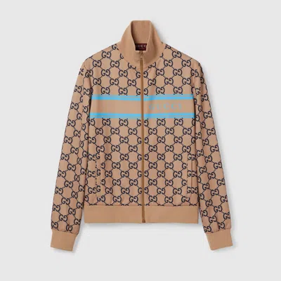 Gucci Technical Jersey Gg Print Zipped Jacket In Beige