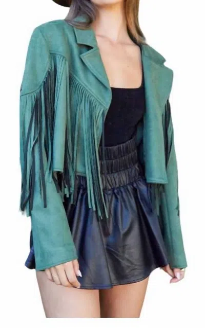 Peach Love Fringe Suede Jacket In Olive In Green