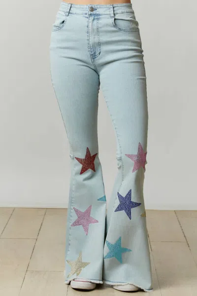 Peach Love Rhinestone Starry Flare Pants In Medium Washed Blue In Multi